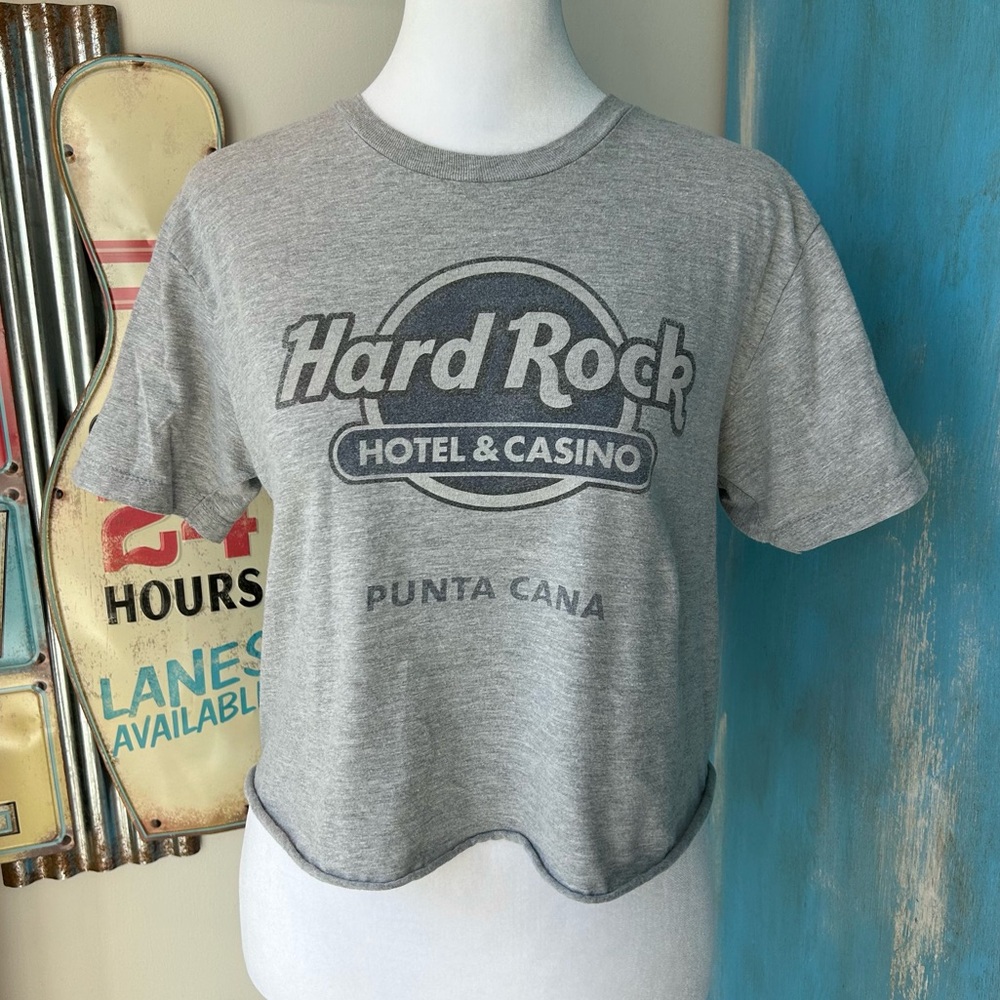 Hard Rock Cafe Heather Gray Faded Graphic Cropped Tee Loungewear Casual